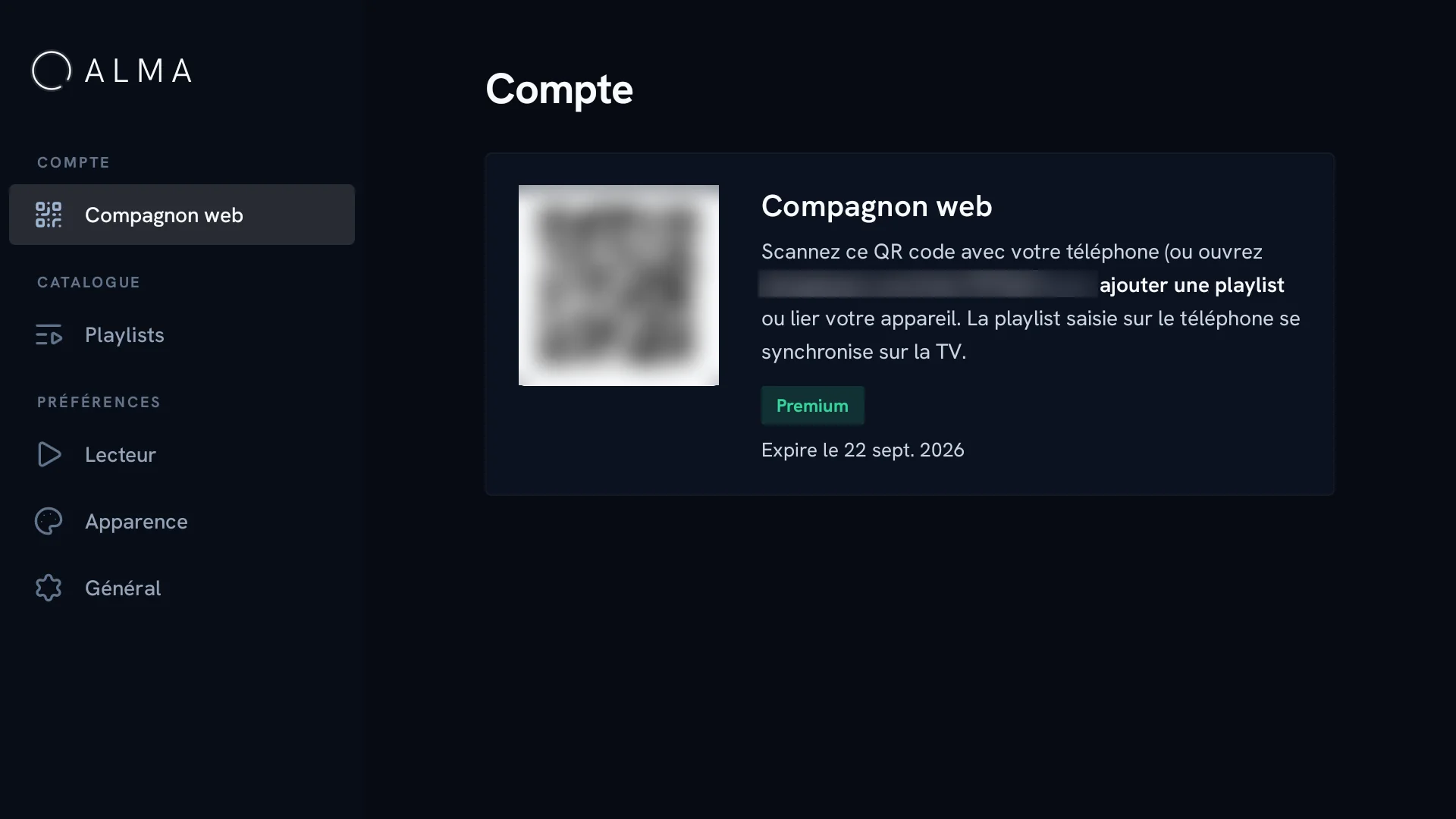 Écran Compagnon web d’ALMA : un QR code à scanner avec le téléphone pour ajouter une playlist ou lier l’appareil.
