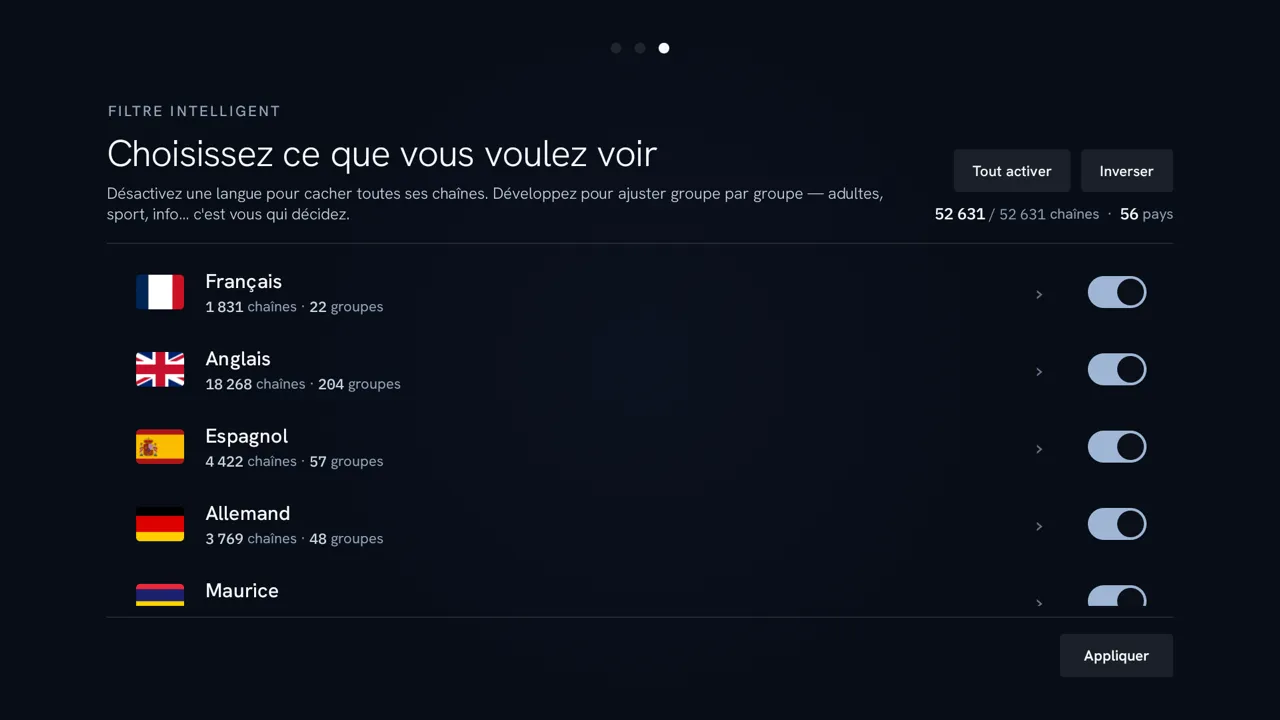 Écran Filtre intelligent d'ALMA : liste des langues d'une playlist (français, anglais, espagnol, allemand) avec le nombre de chaînes et de groupes, et un interrupteur par langue.