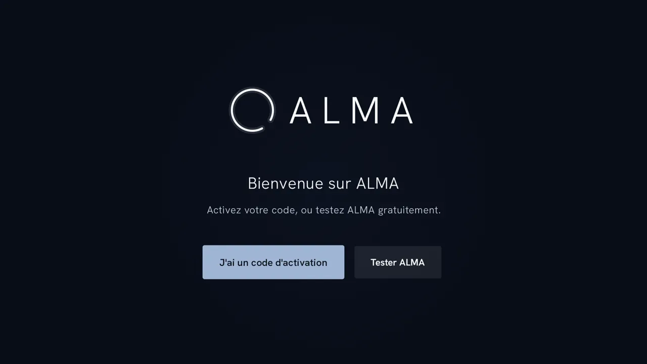 Premier écran d’ALMA après l’installation : activer un code ou essayer l’app.