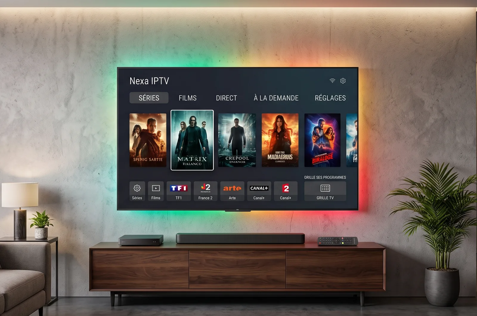 Salon moderne, téléviseur au mur avec rétroéclairage : ALMA Player y affiche le direct beIN, le lecteur, le sélecteur de sources, le catalogue de films et une fiche de série.