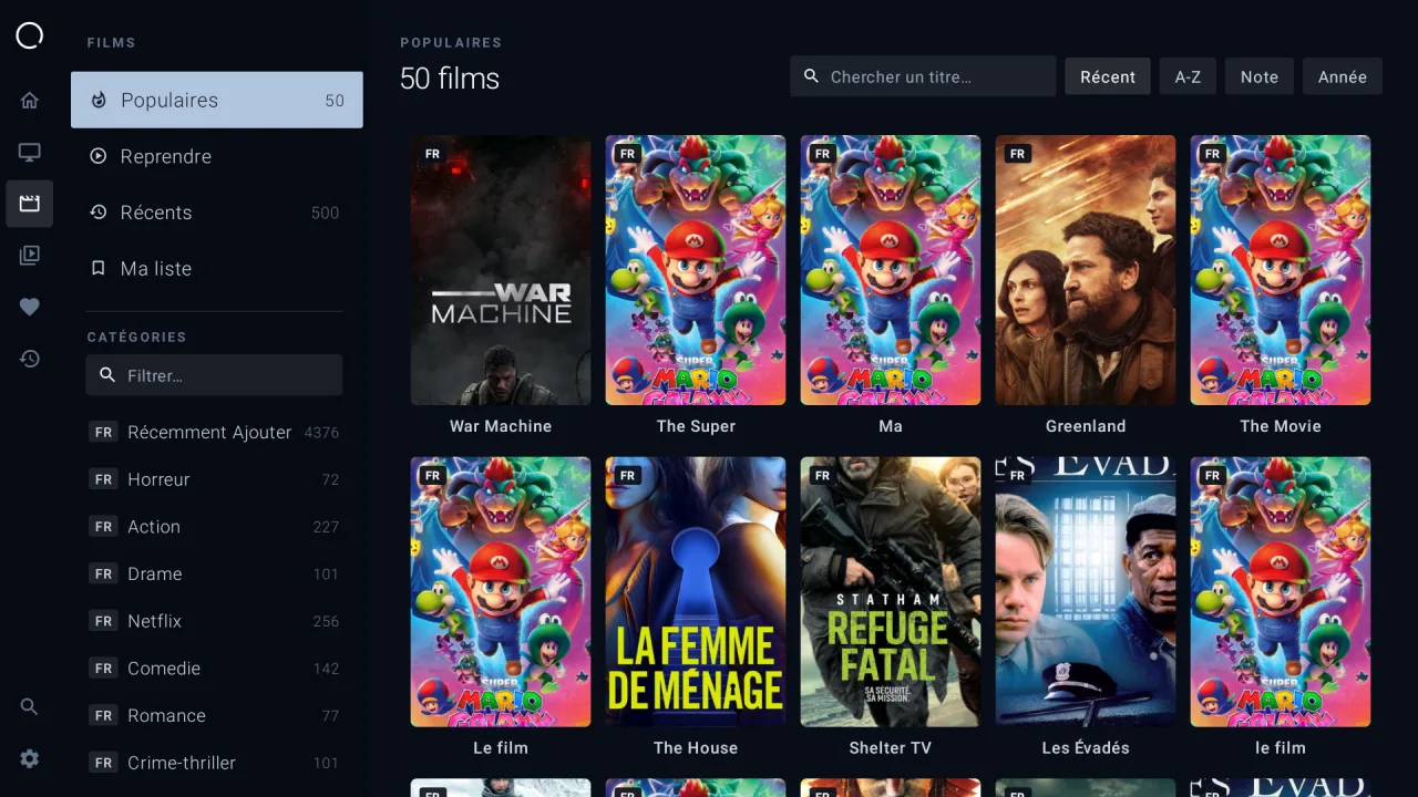 Catalogue Films & Séries d'ALMA Player avec affiches et filtres