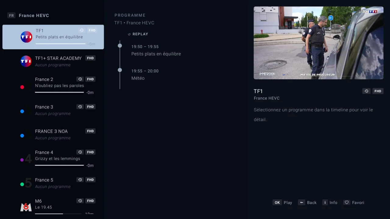 Vue Direct & Replay d'ALMA Player avec guide TV et timeline