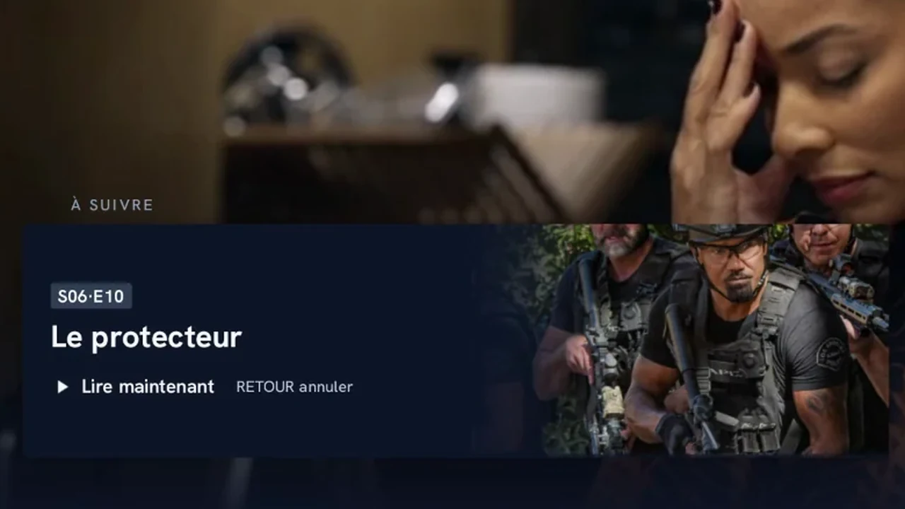 Bandeau À suivre d'ALMA à la fin d'un épisode : vignette, S06·E10 Le protecteur, Lire maintenant, RETOUR pour annuler.